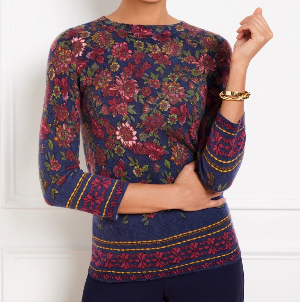 Talbots Floral Crew Neck Sweater - Blue and Red